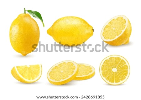 Realistic ripe yellow lemon, whole citrus fruit slices and half cut, isolated vector 3D food. Fresh lemon citrus fruit with leaf and cut section lobule for juice or organic food product package