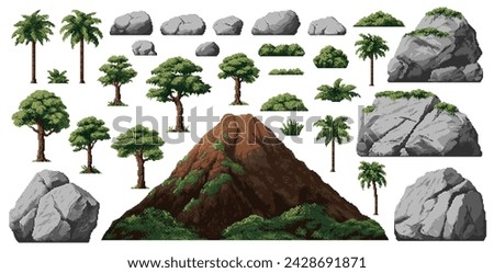 Dinosaur era environment pixel game assets, palms, stones and volcano mountain, vector set. Jurassic world 8bit pixel game elements of stone rocks and green trees for dinosaur island adventure