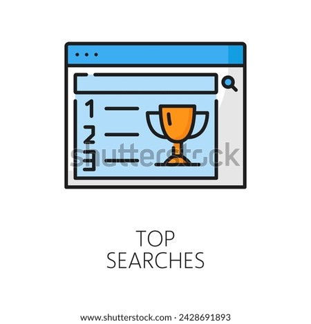 Top search. CDN. Content delivery network icon, web portal data or Internet content search outline vector symbol, CDN thin line sign with webpage search window and golden cup