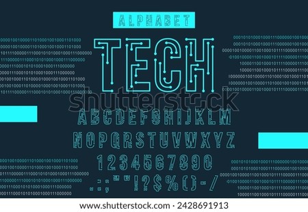 Futuristic cyber tech font, neon typeface, modern type, English computer alphabet letters, digits and punctuation marks. Vector blue chip microcircuit glowing abc uppercase characters, electric signs