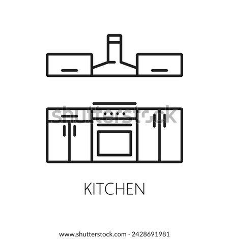 Kitchen furniture, vector hotel service line icon. Vector freezer with showcase and cooker desk. Kitchen interior line icon for web, mobile