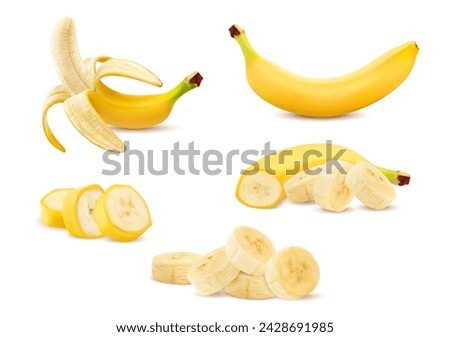 Realistic ripe banana, whole fruit with peel or slice in half, isolated vector 3D food. Fresh tropical banana peeled or slice cut for juice or sweet product package elements and organic food