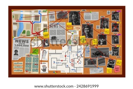 Detective board, investigate wall with map and photo, newspaper and pinboard, vector crime investigation, police office interior. Cartoon detective pin board with evidences, clues, red strings