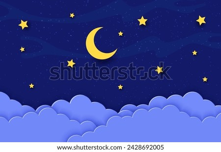 Night sky with paper cut moon crescent and stars in clouds, cartoon vector background. Dream or sleep art and bedtime fairy tale background with paper cut clouds and starry sky for kids or baby room