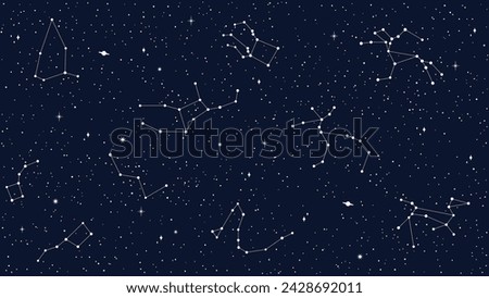 Space sky celestial seamless pattern with vector map of star constellations, sparks and planets. Dark night sky background with silhouettes of cassiopeia, andromeda, delphinus, pegasus constellations