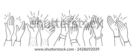 Doodle applause hands silhouettes. People clapping hands, vector outline audience of men and women raising arms and making applause. Fun, party, celebration or greetings, bravo and ovation concept