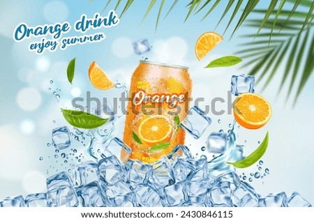 Ice orange drink can. Citrus orange fruit and tea leaves, ice cubes with water splash and palm leaves. Vector vibrant and refreshing beverage container, adorned with a cool summer zesty 3d design