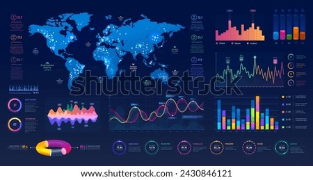 UI interface graphs and charts, infographic elements on futuristic dashboard. World map diagrams and flowchart information, UI interface info data and index icons with timeline for presentation