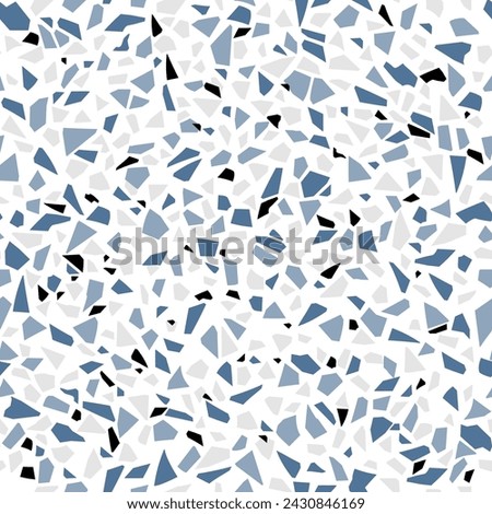 Grey, blue and black terrazo mosaic tile pattern, terazo stone background, terazzo ceramic marble floor texture. Vector captivating ornament, features vibrant blend of marble, granite, and glass chips