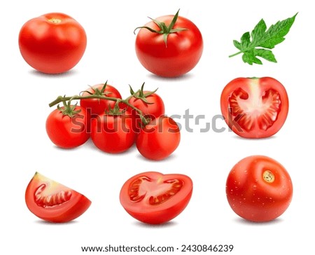 Realistic ripe raw tomato, half and slices. Isolated 3d vector vibrant and plump pomodoro cherries, showcasing a vivid red hue, reveals juicy seeds and flesh, exude freshness and natural texture