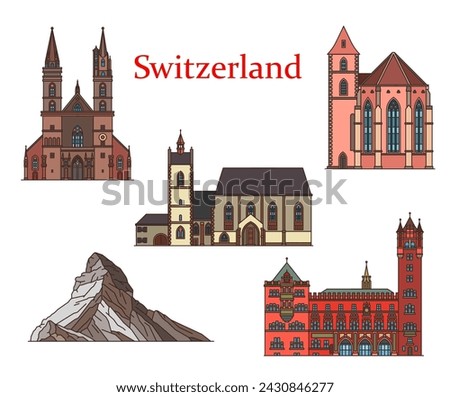 Switzerland landmarks, Basel churches and cathedrals, vector architecture buildings. Minster Cathedral and Matterhorn mountain Peak, Leonhardskirche church, Town Hall and Saint Alban Tower