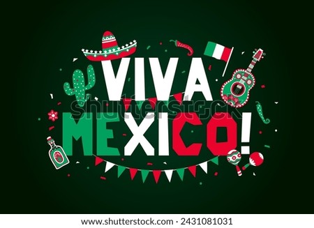 Viva Mexico banner for national Mexican Independence Day with sombrero, tequila and maracas, vector flags. Mexico Independence day holiday celebration banner with Mexican flag, maracas and peppers