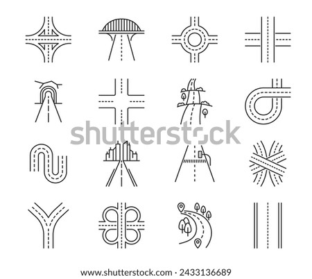 Highway road line icons. Street, traffic, crossroad and tunnel route. Driveway, highway or asphalt path thin line vector symbols or pictograms, freeway crossroad and countryside road outline icons set