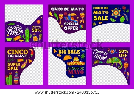 Cinco de Mayo mexican holiday big sale and special offer banners templates. Vector sombrero, maracas, tequila and tex mex food of Mexico fiesta, tropical flowers, cactus and pinata web posts set