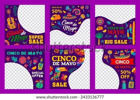 Cinco de Mayo mexican holiday big sale special offer banners templates. Vector guitar, sombrero, tequila and maracas, tropical flowers, cactus and chili social media web post layouts with papel picado