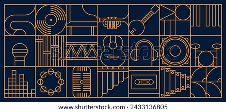 Music and entertainment abstract modern line geometric pattern, vector background. Musical instruments, guitar, vinyl and CD disk with music equalizer or microphone and piano in line geometric pattern