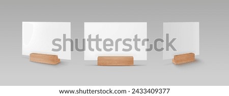 Card wooden holder mockups or restaurant table plates, realistic vector. Paper card holder for menu, guest name or table place on wood bar, business card frame with wooden holder stand with blank sign