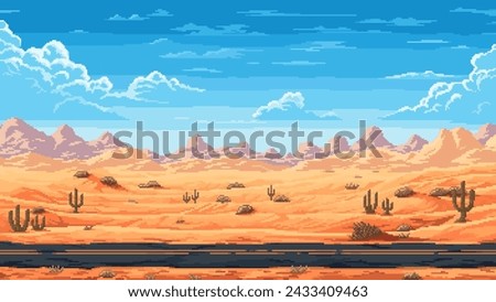 Retro 8 bit pixel american or mexican desert road landscape with cactuses. Pixel art game vector background of empty canyon highway road with mountains on the horizon, sand and rocks under blue sky