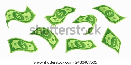 Flying cartoon dollar money banknotes, cash bills, gracefully fluttering in mid-air, symbolizing wealth, financial success, or economic activity. Isolated vector rain of falling Usd denominations