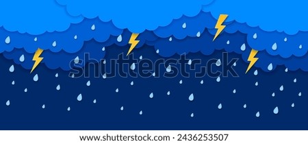 Paper cut rain clouds with water drops and lightning thunderstorm, vector background. Rainy weather, storm and thunderbolt lightning flash in sky, paper cut clouds with raindrops in cutout layers