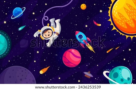 Cartoon boy astronaut in outer space near rocket and galaxy planet stars. Space travel, galaxy exploration adventure cartoon vector backdrop with funny kid spaceman, rockets and solar system planets