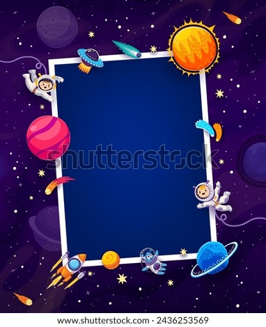 Birthday photo frame with kid astronauts in galaxy space and alien UFO, cartoon vector background. Photo frame border with kid spaceman, rocket spaceship on Saturn planet and asteroids in starry sky