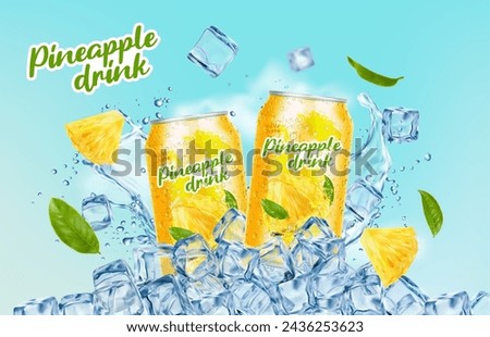 Ice pineapple drink can. Pineapple fruit and tea leaves, ice cubes and splash. Realistic 3d vector promo poster. Tropical juice for quenching thirst in hot day. Refreshing flavorful soda beverage ads