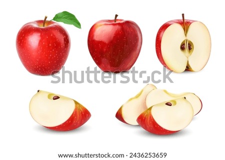 Realistic red apple whole fruit, slice and half with green leaf, vector food. Isolated 3d ripe fresh apple cutted into juicy wedges with brown seeds and red peel, summer fruit of farm orchard tree