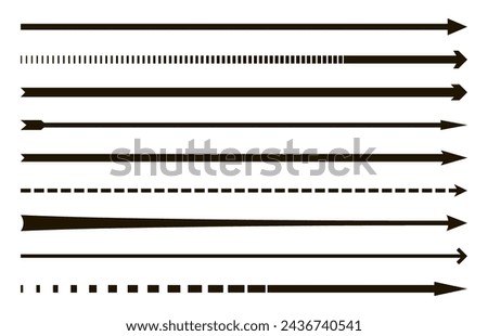 Straight long arrows pointing to the right. Vector black thick, thin and dashed line arrow glyphs with bold arrowheads. Isolated oblong pictograms for orientation and navigation, moving forward signs