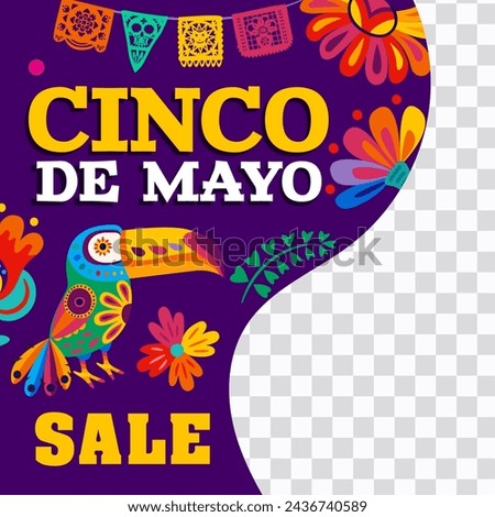 Cinco de Mayo mexican holiday sale banner vector template. Mexico toucan bird, tropical flowers and paper picado paper cut flags garland layout of special offer web post on transparent background
