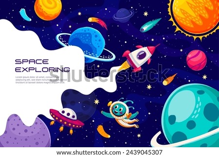 Space rocket in galaxy between planets and stars. Vector poster with spaceship or spacecraft travel in Universe explore cosmos with white smoke frame, alien astronaut and ufo on galaxy background