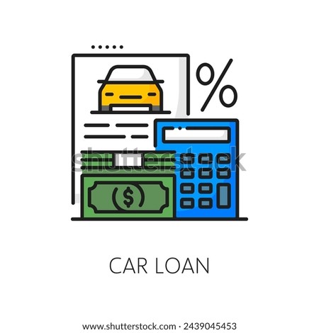 Car loan line icon for dealership and auto buy or vehicle sales dealer, outline vector. Used cars and new auto buy loans and credits for purchase, color line symbol of money, percent and calculator