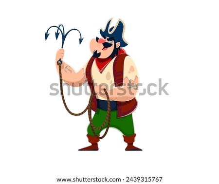 Cartoon pirate sailor character with grappling hook. Isolated vector swashbuckling, adventurous buccaneer in vest, eye patch and tricorn, bearded corsair ready for robbery and boarding ships in sea
