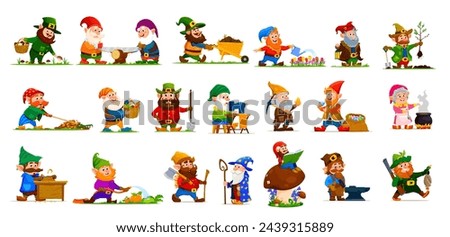 Cartoon gnome or dwarf characters. Cute elves personages with vector garden flowers, mushroom, wheelbarrow and lantern. Fairytale gnome miner, farmer and blacksmith, dwarf wizard, hunter or lumberjack