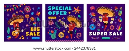 Cinco de mayo holiday sale banners, special offer and super big sale. Vector square promotional cards or social media posts with red hot jalapeno, chili, guindilla mariachi pepper musician characters