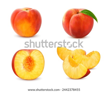 Realistic ripe raw peach fruits, whole with green leaf and cut in half or quarters,, isolated vector. Fresh peach fruit cut in sections without seed for juice or jam package of organic natural food