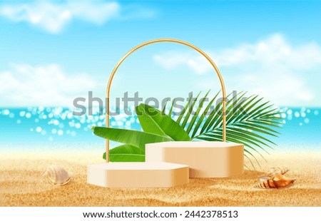 Realistic tropical podium stage with palm leaves, golden arch and sea beach sand. Vector background for beauty and sunscreen products presentation. 3d geometric platforms and arc on summer seaside