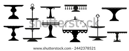 Wedding ceremony and tea cake platter, stand or tray silhouettes. Elegant black vector monochrome tables or plates set for displaying fruits and desserts during festive events and ceremonies