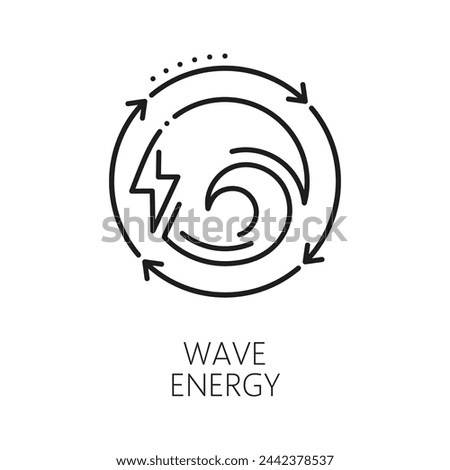 Green power, clean tidal wave energy line icon. Energy alternative source, electricity generation industry or water power plant outline vector symbol or icon with tidal wave and lightning bolt