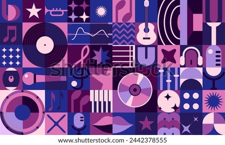 Music geometric abstract poster or modern banner with pattern, vector background. Geometric bauhaus music shapes, guitar or vinyl and CD disc, retro microphone or piano keys and loudspeaker