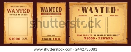 Western wanted banners with reward. Dead or alive vintage poster vector templates. Wild West cowboy or Texas criminal wanted signs with blank photo frames and bounty on old paper texture background