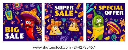 Holiday big and super sale, special offer banners with mexican characters, mariachi peppers and nachos. Vector promo cards to celebrate fiesta savings, incredible deals and festive shopping experience