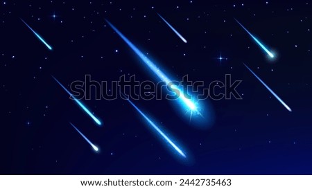 Realistic comets and asteroids, shooting space stars with trails in sky. 3d vector bolides with blue luminous traces streak across night heaven. Cosmic fireball, meteor, meteorites in galaxy or cosmos