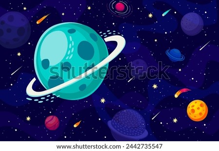 Cartoon galaxy space landscape with Saturn planet and stars in the dark, deep Universe. Vector cosmic background, Saturn reigns with its ethereal rings, surrounded by a tapestry of stars and comets