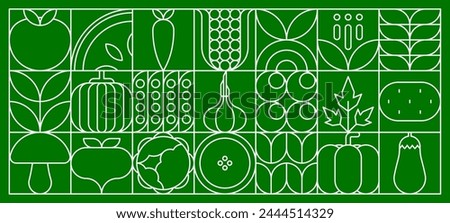 Vegetables food abstract modern line geometric pattern. Vector outline signs of tomato, mushroom, beetroot and carrot. Pumpkin, cabbage and garlic, potato, eggplant or pea pods on green background