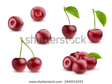 Realistic ripe cherry. Isolated raw red cherry berry 3d vector set. Ripe, bountiful mound of berries, glistening with vibrant hues, tempting taste buds with succulent allure and natural sweetness