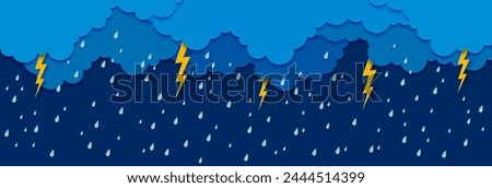 Paper cut rain with sky clouds, water drops and lightnings. Enthralling 3d vector papercut shower at cloudy backdrop with water droplets suspended midair and flashes illuminating atmospheric scene