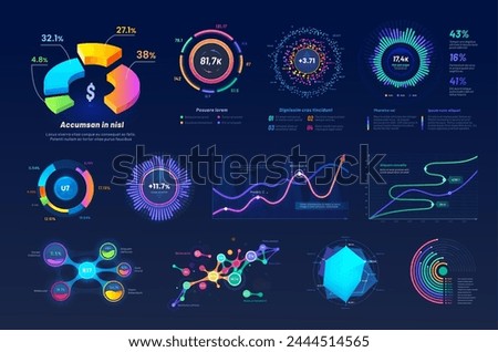 UI interface graphs and charts, infographic elements, futuristic dashboard data diagrams vector templates. Modern dashboard screen with bar, line, circular and timeline graphs, mind map and pie charts