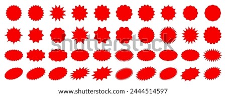 Starburst sale price stickers and labels, star and rosette, sunburst, callout and splash, stamp and tag badges. Isolated vector circle and oval red stickers, promo labels and tags with scalloped edges