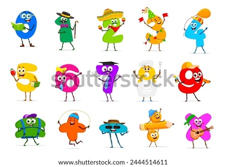 Cartoon funny math number characters. Cute digits and mathematics signs personages with happy faces and smiles. Color numbers, addition, subtraction and multiplication, equals and division symbols